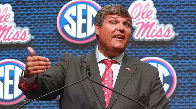 Ole Miss coach Matt Luke holds his SEC Media Days news conference at the College Football Hall of Fame on Tuesday, July 17, 2018, in Atlanta. Curtis Compton/ccompton@ajc.com