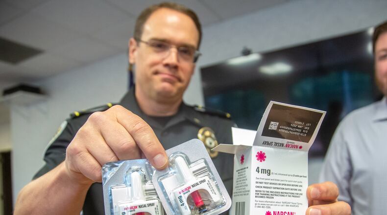 Police Chief Bill Grogan holds up a box of Narcan at Norcross City Hall on Friday, June 18, 2021.  STEVE SCHAEFER FOR THE ATLANTA JOURNAL-CONSTITUTION