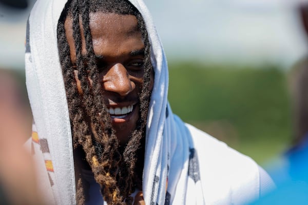 Falcons linebacker Harold Perkins Jr. speaks to the media after practice on Monday, Aug. 10, 2026, in Flowery Branch. (Miguel Martinez/AJC)