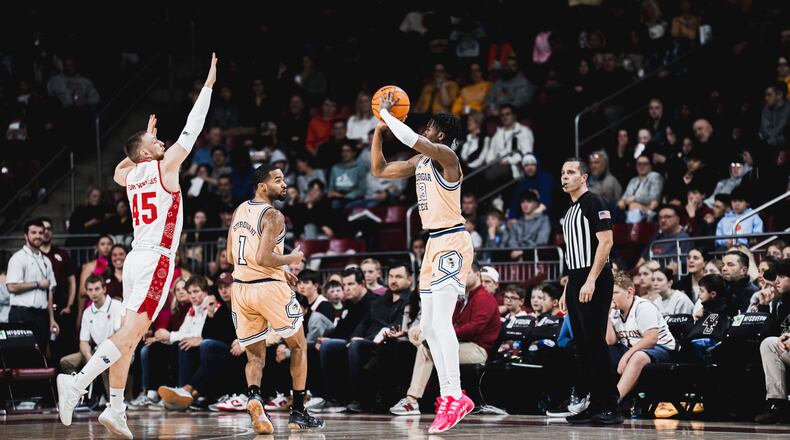 Georgia Tech sophomore guard Miles Kelly shoots against Boston College in the Yellow Jackets' 73-65 victory in Chestnut Hill, Massachusetts, on March 4, 2023. (Photo courtesy of Boston College Athletics)