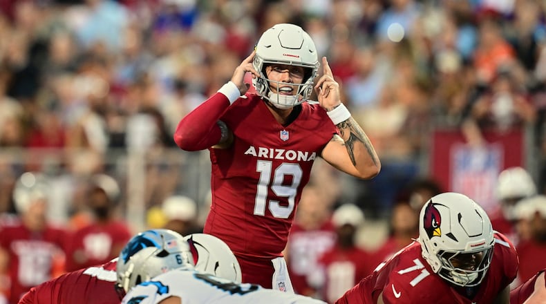 Arizona Cardinals' Carson Beck was starting quarterback of the Pro Football Hall of Fame NFL preseason game against the Carolina Panthers in Canton, Ohio, Thursday, Aug. 6, 2026. (David Dermer/AP)