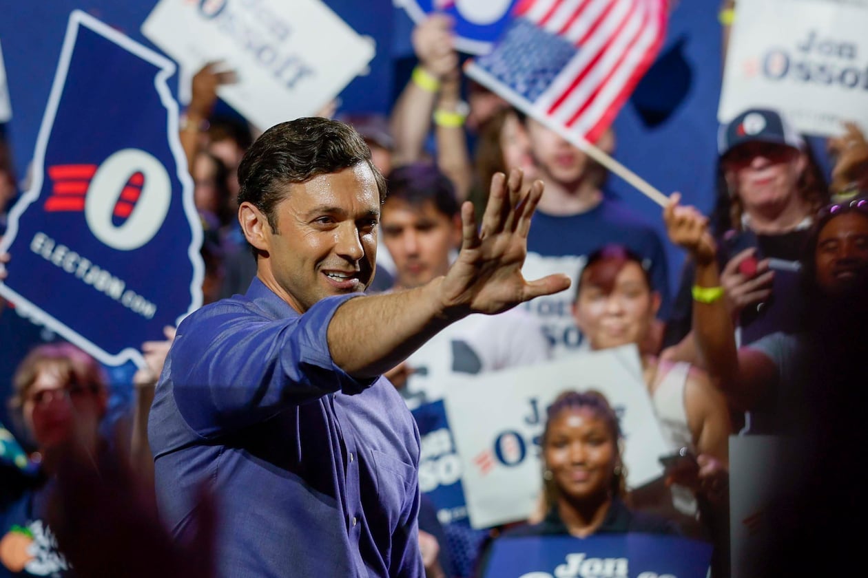 U.S. Sen. Jon Ossoff waves to a supporter after speaking at a campaign rally at the Center Stage Theater earlier this month. (Miguel Martinez/AJC)