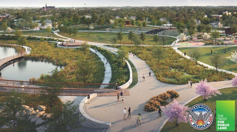 A rendering of the future Rodney Cook Sr. Park near Mercedes-Benz Stadium in Vine City. Conceptual rendering by HDR, Inc.