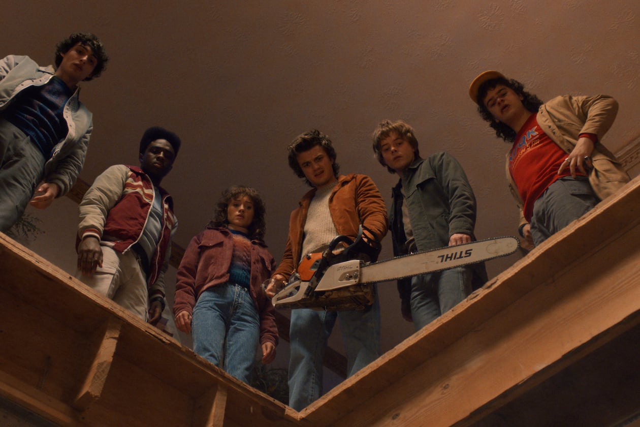 (L to R) Finn Wolfhard as Mike Wheeler, Caleb McLaughlin as Lucas Sinclair, Natalia Dyer as Nancy Wheeler, Joe Keery as Steve Harrington, Charlie Heaton as Jonathan Byers, and Gaten Matarazzo as Dustin Henderson in "Stranger Things: Season 5." (Courtesy of Netflix)