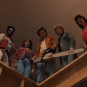 (L to R) Finn Wolfhard as Mike Wheeler, Caleb McLaughlin as Lucas Sinclair, Natalia Dyer as Nancy Wheeler, Joe Keery as Steve Harrington, Charlie Heaton as Jonathan Byers, and Gaten Matarazzo as Dustin Henderson in "Stranger Things: Season 5." (Courtesy of Netflix)