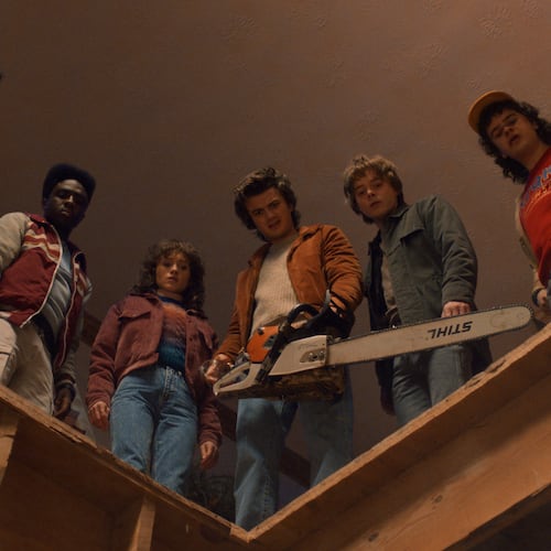 (L to R) Finn Wolfhard as Mike Wheeler, Caleb McLaughlin as Lucas Sinclair, Natalia Dyer as Nancy Wheeler, Joe Keery as Steve Harrington, Charlie Heaton as Jonathan Byers, and Gaten Matarazzo as Dustin Henderson in "Stranger Things: Season 5." (Courtesy of Netflix)