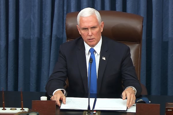 FILE - In this image from video, Vice President Mike Pence speaks as the Senate reconvenes after protesters stormed into the U.S. Capitol Wednesday, Jan. 6, 2021. (Senate Television via AP, File)
