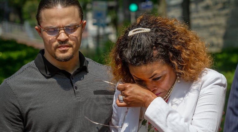 Johnny Bolton's sister Daphne Bolton becomes emotional at a press conference in front of the Cobb County sheriff's office in Marietta on Tuesday, May 25, 2021. STEVE SCHAEFER FOR THE ATLANTA JOURNAL-CONSTITUTION