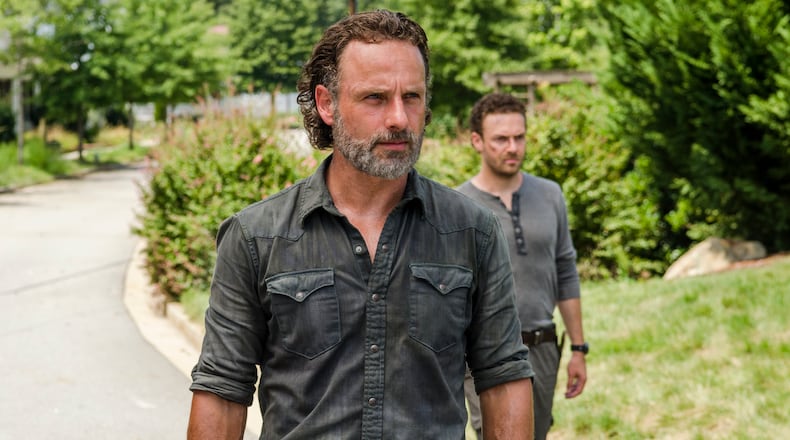 Andrew Lincoln as Rick Grimes, Ross Marquand as Aaron - The Walking Dead _ Season 7, Episode 9 - Photo Credit: Gene Page/AMC