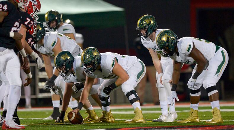 Blessed Trinity's offense sets up for a play early in the first half of their class AAAA semifinal game at Woodward Academy Friday, December 6, 2019. PHOTO/Daniel Varnado
