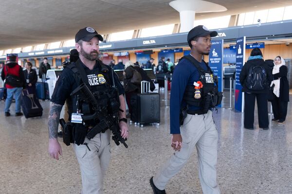 Department of Homeland Security, Transportation Security Administration, and federal air marshals patrolled around Washington Dulles International Airport, in Chantilly, Virginia, in March. (Manuel Balce/AP)