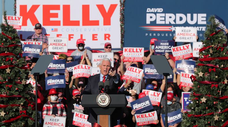 Vice President Mike Pence made his second visit to Georgia within a week to campaign for Republican U.S. Sens. David Perdue and Kelly Loeffler ahead of the Jan. 5 runoffs. Curtis Compton / Curtis.Compton@ajc.com”