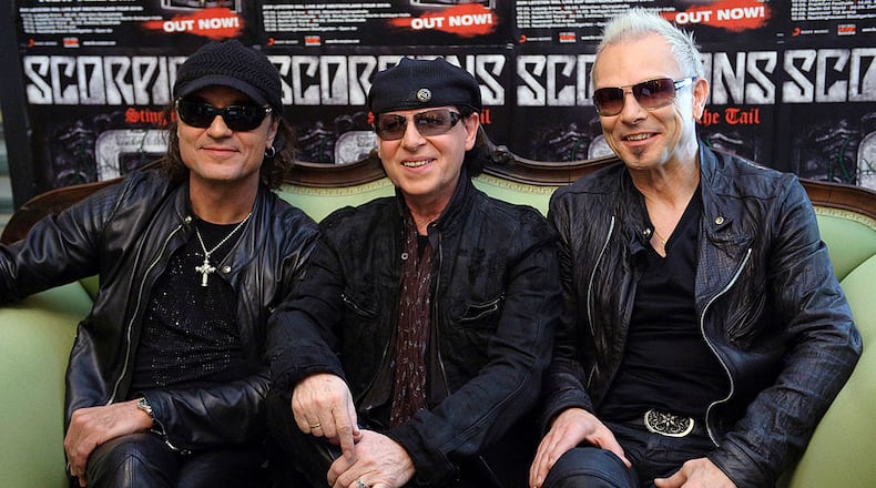 Members of the legendary German heavy metal band the Scorpions. From left to right, Matthias Jabs, Klaus Meine and Rudolf Schenker pose during a press conference at Hotel Bayerischer Hof on March 8, 2010 in Munich, Germany.