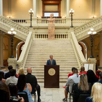 Georgia Gov. Brian Kemp speaks at a ceremony at the Capitol on Thursday, Sept. 3, 2026, declaring Sept. 4 as Apalachee Remembrance Day. (Ben Hendren for the AJC)
