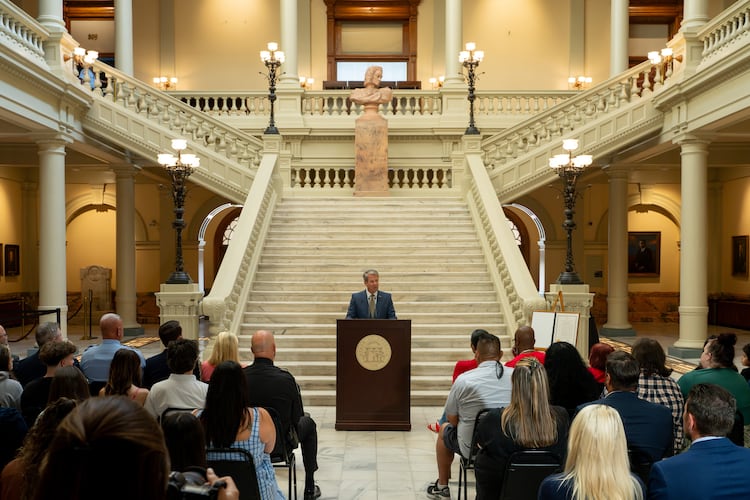 Georgia Gov. Brian Kemp speaks at a ceremony at the Capitol on Thursday, Sept. 3, 2026, declaring Sept. 4 as Apalachee Remembrance Day. (Ben Hendren for the AJC)