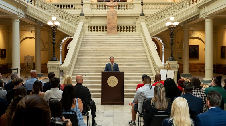Georgia Gov. Brian Kemp speaks at a ceremony at the Capitol on Thursday, Sept. 3, 2026, declaring Sept. 4 as Apalachee Remembrance Day. (Ben Hendren for the AJC)