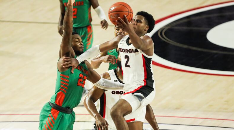 Georgia basketball player Sahvir Wheeler (2) during the Bulldogs’ home opener against Florida A&M in Athens, Ga., at Stegeman Coliseum on Sun., Nov. 29, 2020. (Photo by Chamberlain Smith)
