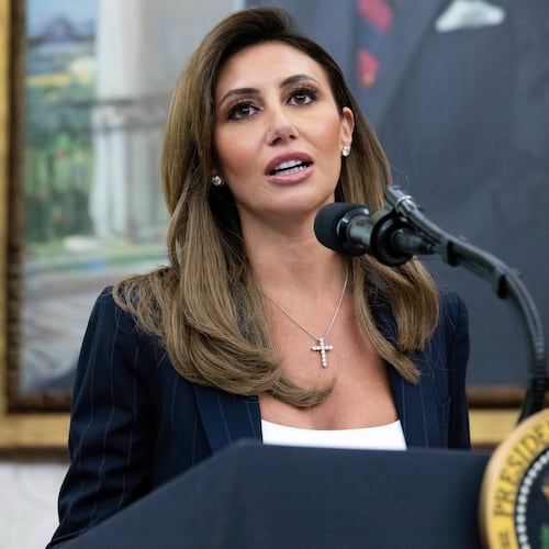 FILE - Alina Habba speaks after being sworn in as interim US Attorney General for New Jersey, in the Oval Office of the White House in Washington, on March 28, 2025. (Pool File via AP, file)