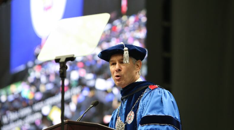 Georgia State University president Mark Becker speaks to graduates during the Spring 2016 Commencement at the Georgia Dome, Saturday, May 7, 2016, in Atlanta. BRANDEN CAMP/SPECIAL
