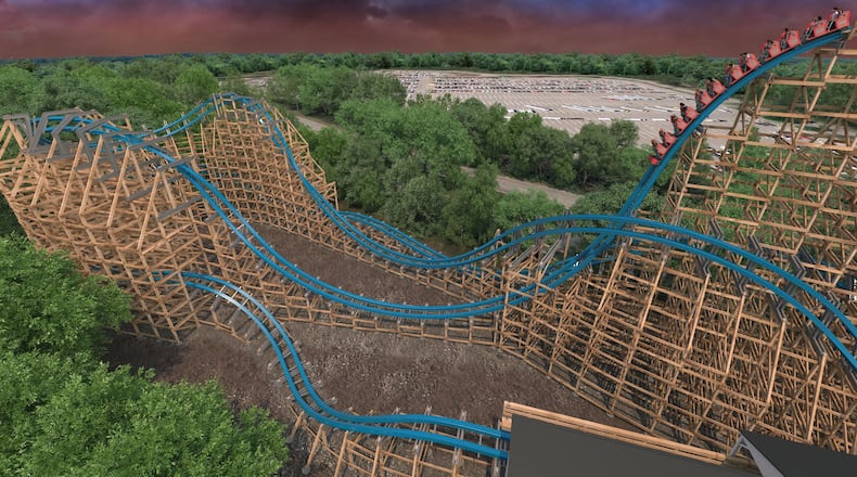 This artist’s rendering shows the Twisted Cyclone coaster descending the ride’s first drop. The Twisted Cyclone will incorporate part of the structure of the former Georgia Cyclone ride. CONTRIBUTED BY SIX FLAGS OVER GEORGIA