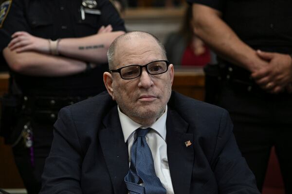Harvey Weinstein appears in Manhattan Supreme Court on the second day of jury selection in the rape trial against him, in New York, Wednesday, April 16, 2025. (Curtis Means/Pool Photo via AP)