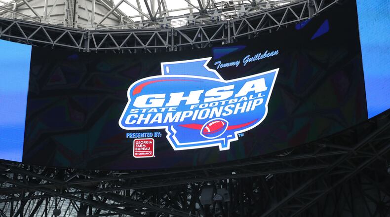 The GHSA Championship logo is shown on the halo board before the Class AAA State Championship between Cedar Grove and Peach County at Mercedes-Benz Stadium, Tuesday, December 11, 2018, in Atlanta. (Jason Getz/Special to the AJC)