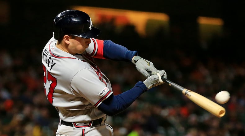 Braves rookie Austin Riley hits a three-run homer during the seventh inning against the San Francisco Giants May 22, 2019, at Oracle Park in San Francisco.
