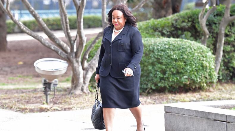 Former DeKalb Commissioner Sharon Barnes Sutton arrived at the county courthouse Feb. 21 for a hearing on the constitutionality of the DeKalb Board of Ethics. HYOSUB SHIN / HYOSUB.SHIN@AJC.COM