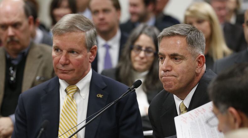 Georgia Tech president Bud Peterson (left) and Vice President of Student Life and Dean of Students John M. Stein were among the witnesses at a committee meeting Monday, called by State Rep. Earl Ehrhart, chairman of the committee that allocates funds to Georgia’s colleges, that is reviewing the due process policies at all of Georgia’s colleges, but particularly Georgia Tech. BOB ANDRES / BANDRES@AJC.COM