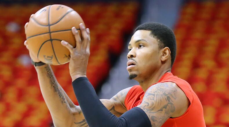 Hawks’ Kent Bazemore practices shooting three pointers before playing the Cavaliers in Game 3 of a second-round NBA basketball playoff series at Philips Arena on Friday, May 6, 2016, in Atlanta. Curtis Compton / ccompton@ajc.com