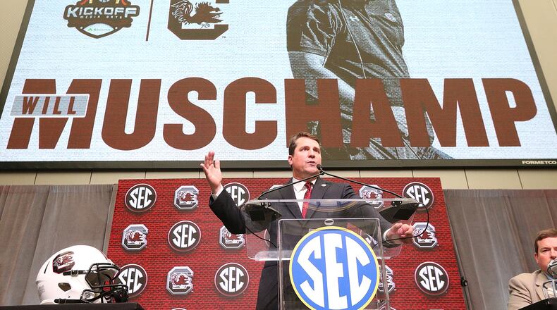 July 19, 2018 Atlanta: South Carolina head coach Will Muschamp holds his SEC Media Days press conference at the College Football Hall of Fame on Thursday, July 19, 2018, in Atlanta. Curtis Compton/ccompton@ajc.com
