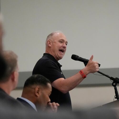 Texas Tech football coach Joey McGuire speaks during The Houston Touchdown Club luncheon, Wednesday, June 10, 2026, in Houston. (AP Photo/David J. Phillip)