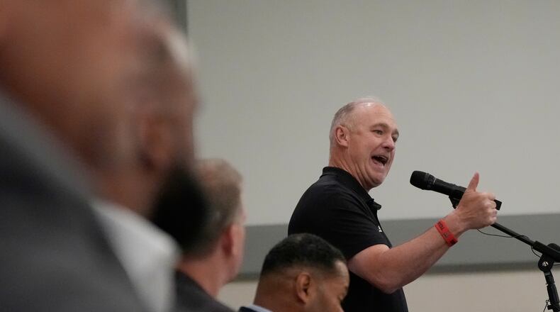 Texas Tech football coach Joey McGuire speaks during The Houston Touchdown Club luncheon, Wednesday, June 10, 2026, in Houston. (AP Photo/David J. Phillip)
