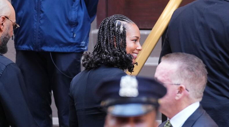 Alicia Keys arrives at the funeral services for Clive Davis at Central Synagogue in New York, Monday, June 29, 2026. (AP Photo/Adam Gray)