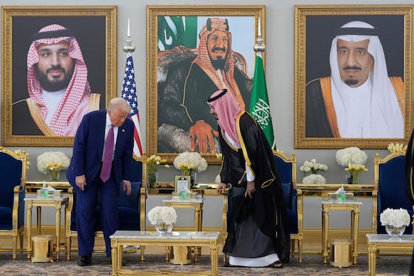 President Donald Trump arrives with Saudi Crown Prince Mohammed bin Salman for a coffee ceremony at the Royal Terminal of King Khalid International Airport in Riyadh, Saudi Arabia, Tuesday, May 13, 2025. (AP Photo/Alex Brandon)