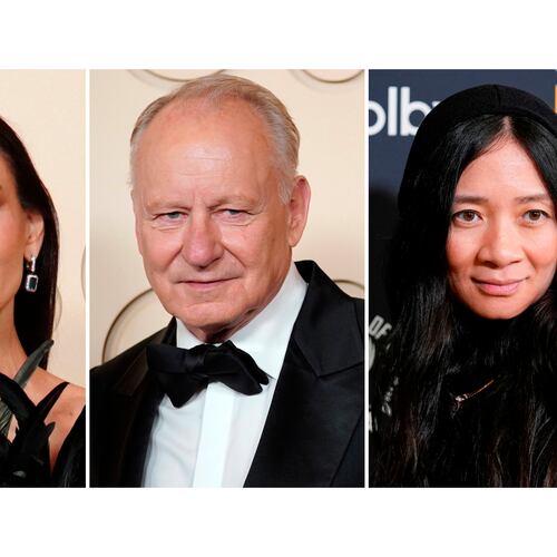 This combination of images show actor Demi Moore, left, actor Stellan Skarsgård, center, and filmmaker Chloé Zhao. (AP Photo)