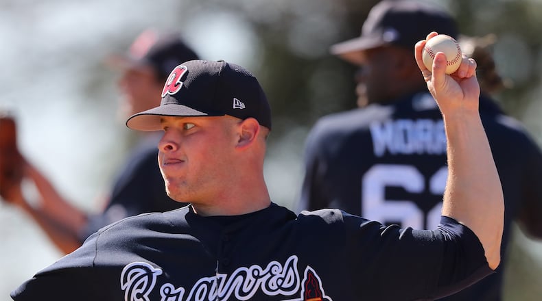 Braves prospect A.J. Minter, pictured at spring training, pitched a perfect inning with two strikeouts in his first minor league appearance Tuesday after returning from an arm injury. (Curtis Compton/ccompton@ajc.com)