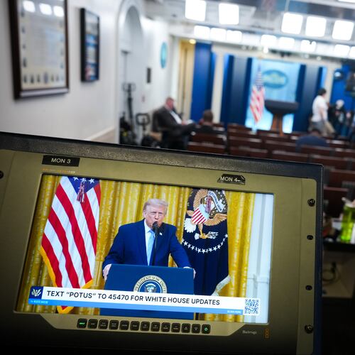 President Donald Trump is seen speaking from the East Room of the White House on a television screen in the James Brady Press Briefing Room of the White House, Thursday, July 16, 2026, in Washington. (AP Photo/Julia Demaree Nikhinson)