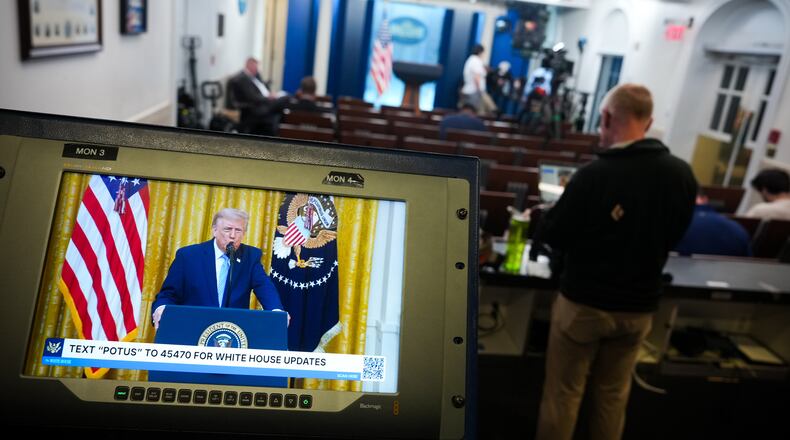 President Donald Trump is seen speaking from the East Room of the White House on a television screen in the James Brady Press Briefing Room of the White House, Thursday, July 16, 2026, in Washington. (AP Photo/Julia Demaree Nikhinson)