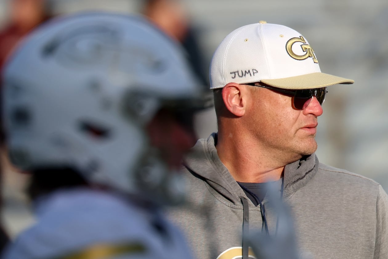Georgia Tech head coach Brent Key watches during warm-ups before an NCAA college football game against Boston College in Boston, Nov. 15, 2025. (Mark Stockwell/AP)