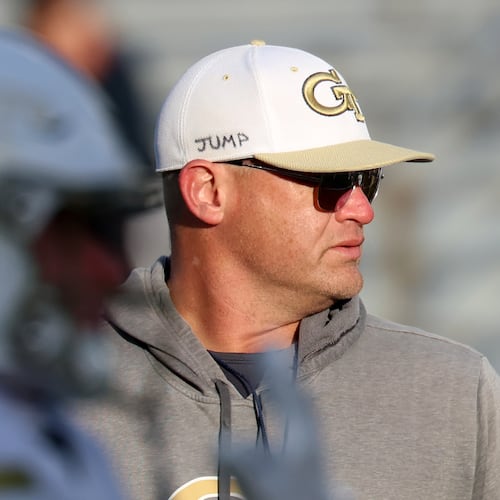 FILE - Georgia Tech head coach Brent Key watches during warm-ups before an NCAA college football game against Boston College in Boston, Nov. 15, 2025. (AP Photo/Mark Stockwell, File)