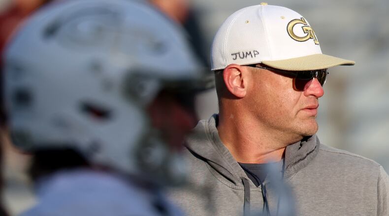 FILE - Georgia Tech head coach Brent Key watches during warm-ups before an NCAA college football game against Boston College in Boston, Nov. 15, 2025. (AP Photo/Mark Stockwell, File)