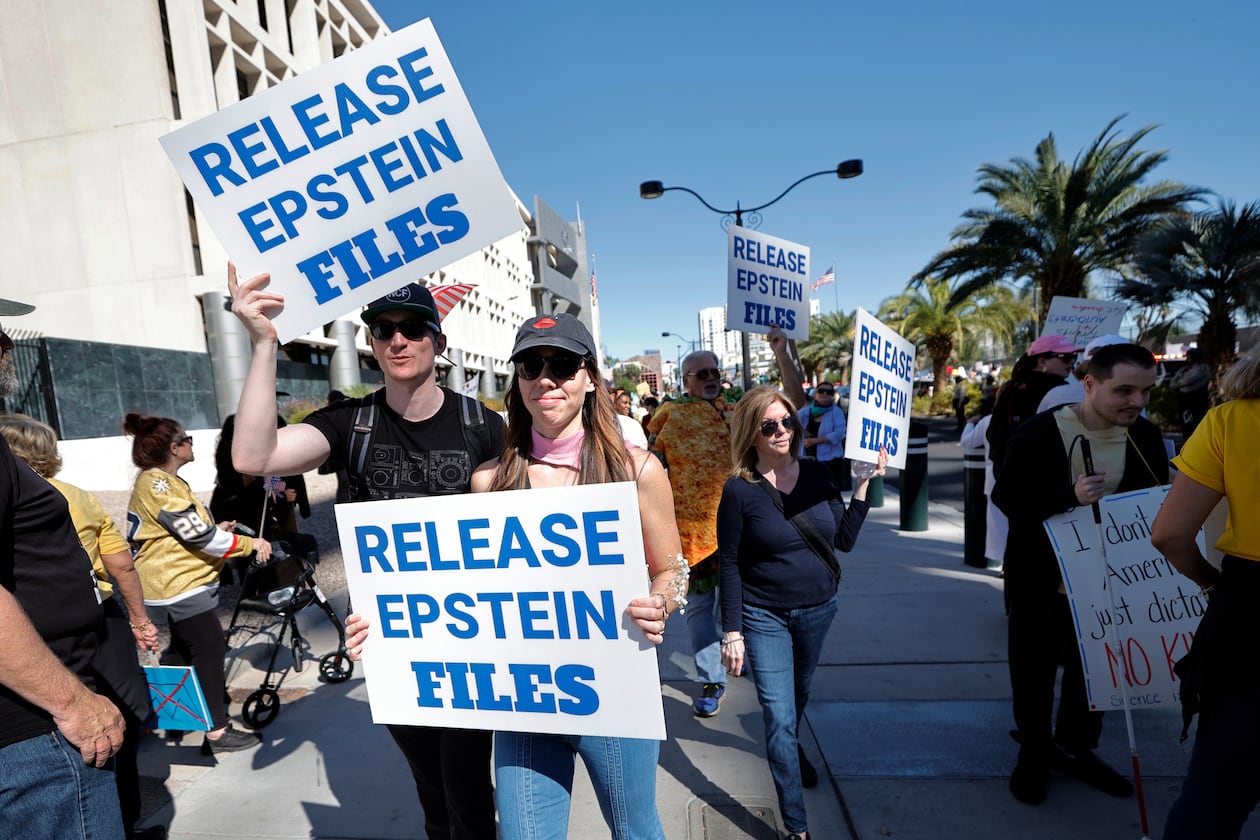Demonstrators called for the release of the Jeffrey Epstein files during a protest in Nevada last month. Epstein died in 2019. (Steve Marcus/Las Vegas Sun via AP)