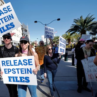 Demonstrators called for the release of the Jeffrey Epstein files during a protest in Nevada last month. Epstein died in 2019. (Steve Marcus/Las Vegas Sun via AP)