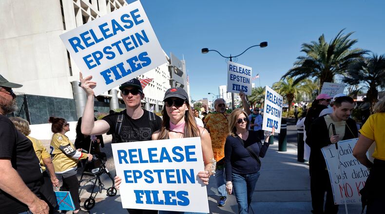 Demonstrators called for the release of the Jeffrey Epstein files during a protest in Nevada last month. Epstein died in 2019. (Steve Marcus/Las Vegas Sun via AP)