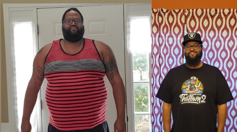 In the photo on the left, taken in September 2019, Seanta Johnson weighed 421 pounds. In the photo on the right, taken this month, he weighed 286 pounds. (Courtesy of Seanta Johnson)