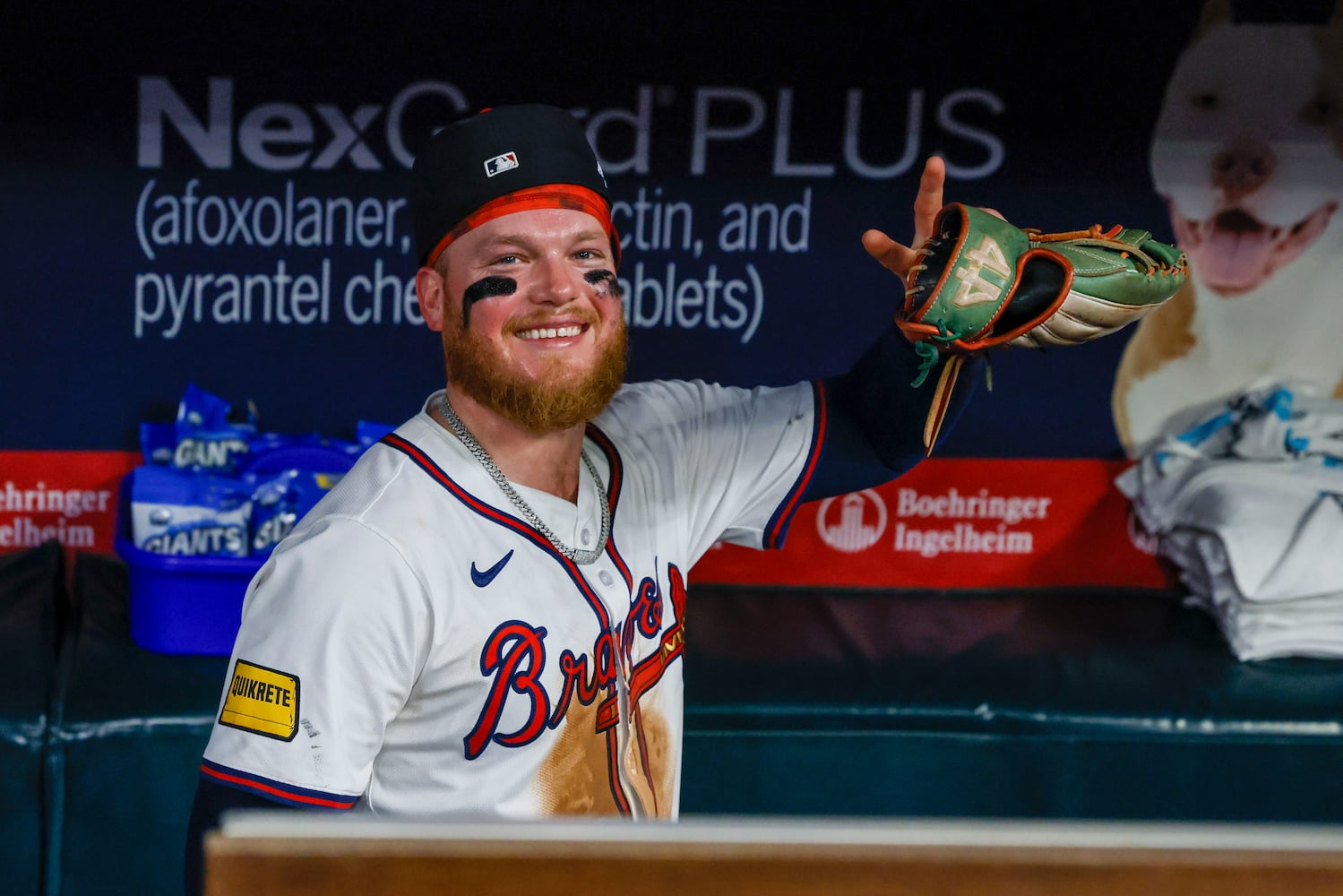 Atlanta Braves outfielder Alex Verdugo (8) reacts to the camera as he leaves the dugout after securing a victory -4-3 against the Washington Nationals at Truist Park on Monday, May 12, 2025, in Atlanta.
(Miguel Martinez/ AJC)