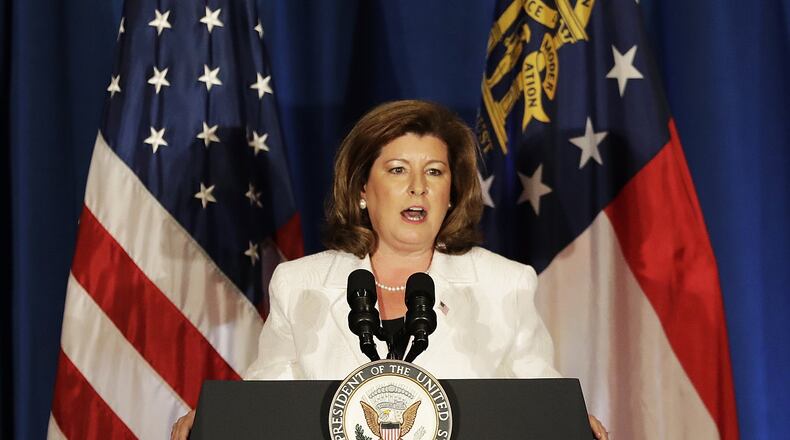 6th District Republican candidate Karen Handel speaks during a campaign fundraiser at the Cobb Energy Performing Arts Centre in Atlanta on Friday, June 9, 2017. (AP Photo/David Goldman)