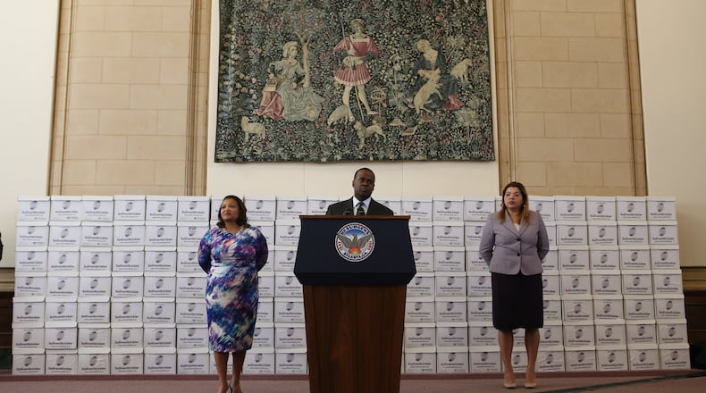 Mayor Kasim Reed stands at the podium and expresses his concerns about the City Hall bribery case before releasing 1.4 million documents pertaining to that case in Atlanta on Thursday, February 9, 2017. (HENRY TAYLOR / HENRY.TAYLOR@AJC.COM)