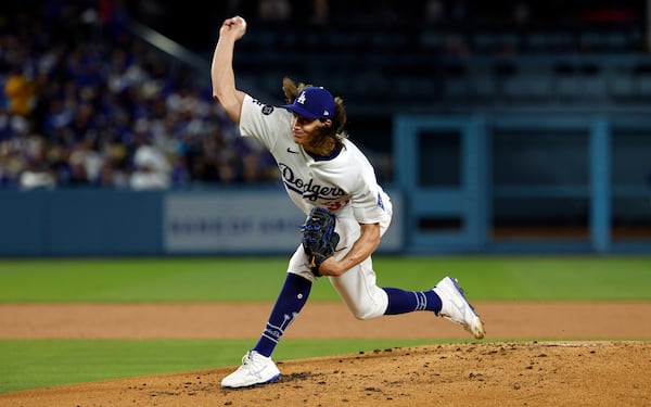 Los Angeles Dodgers pitcher Tyler Glasnow throws against the Atlanta Braves during the second inning of a baseball game Monday, March 31, 2025, in, Los Angeles. (AP Photo/Kevork Djansezian)